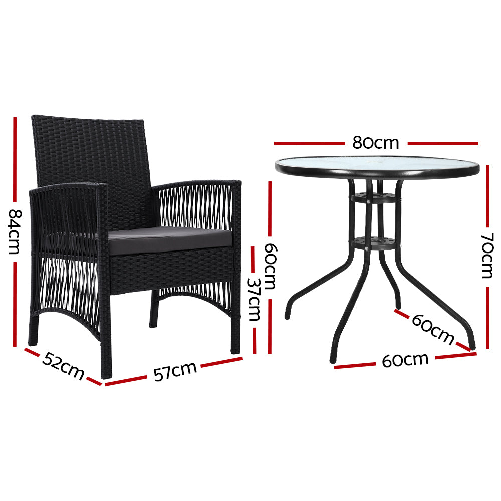 Lyra 3PC Outdoor Bistro Set Rattan Table Chairs Black