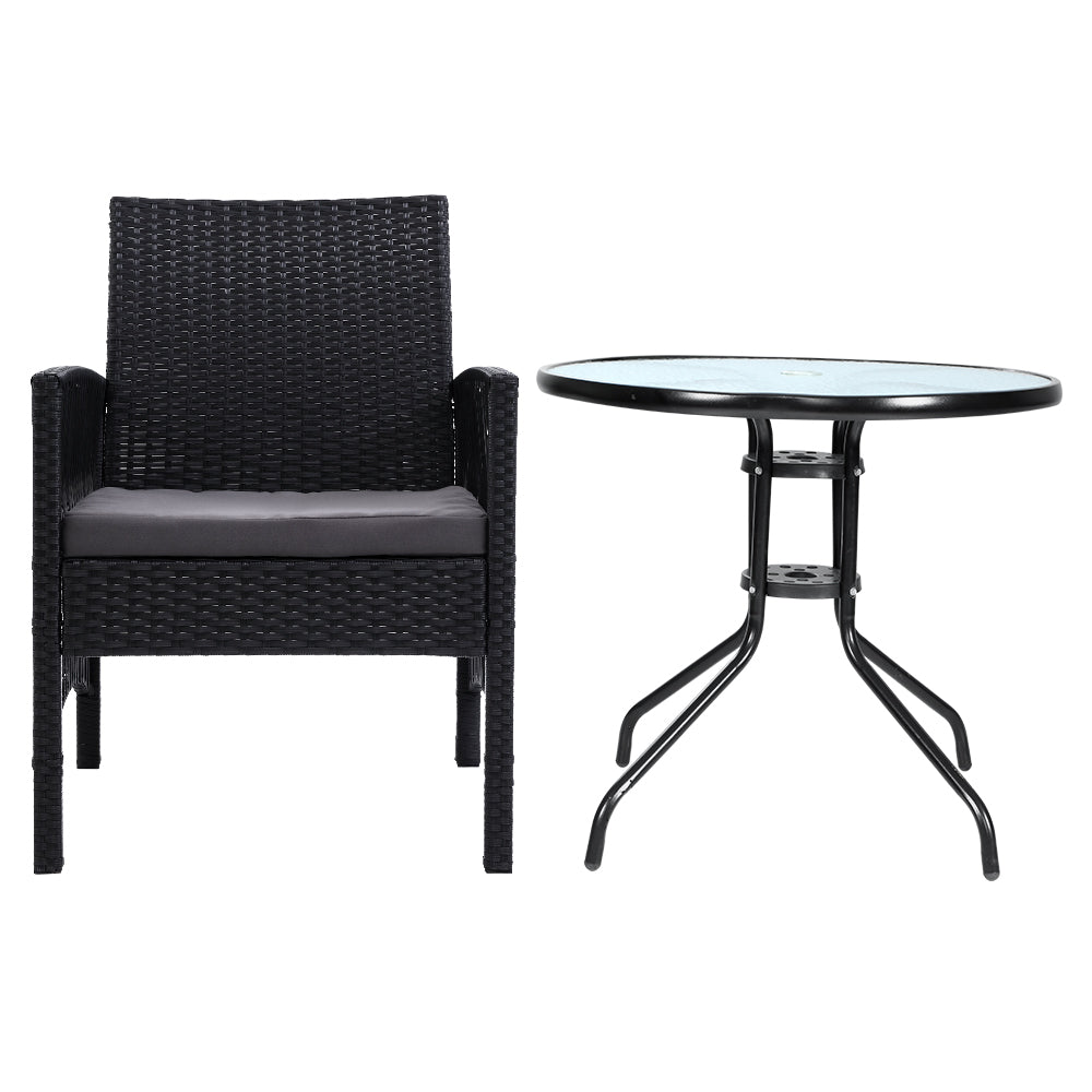 Lyra 3PC Outdoor Bistro Set Rattan Table Chairs Black