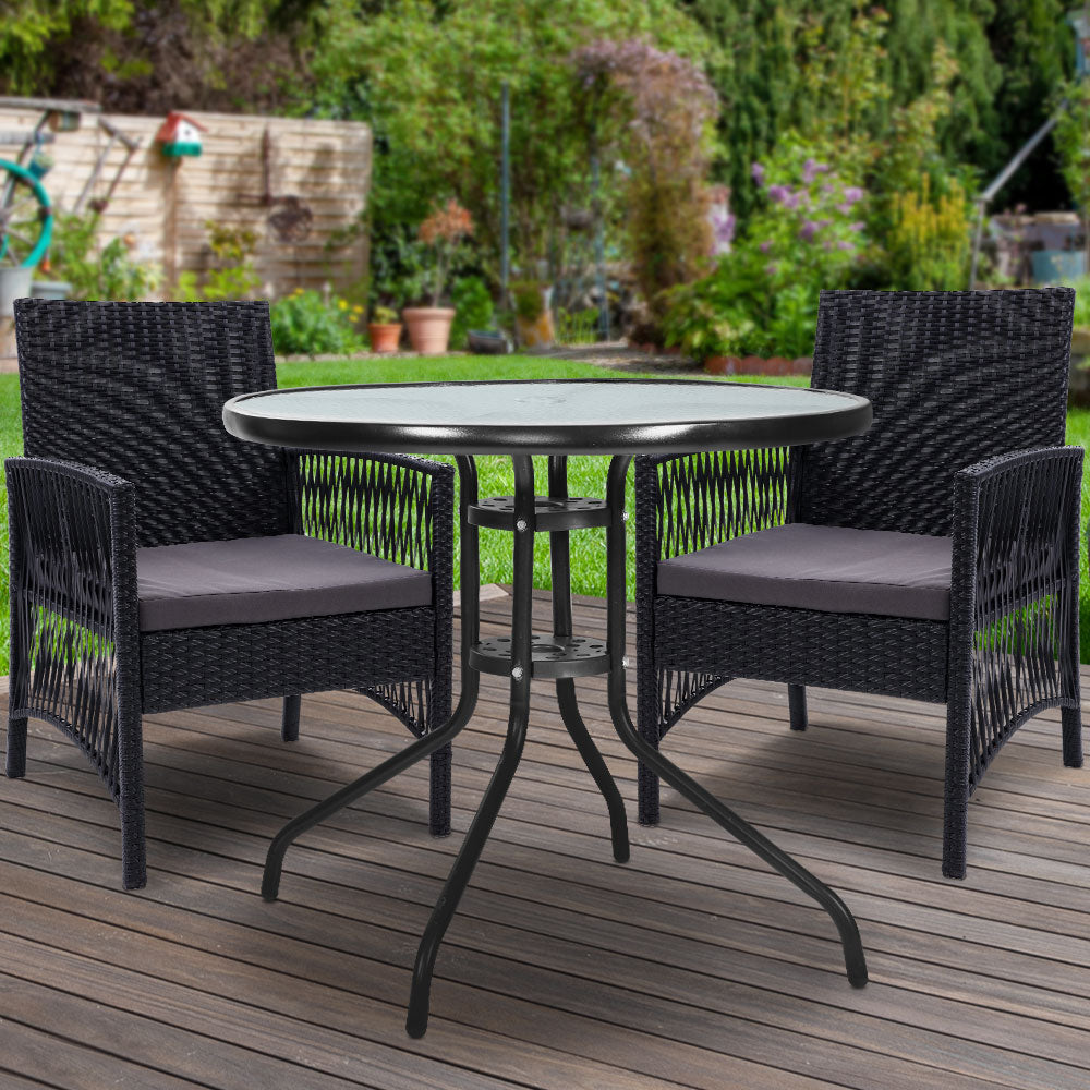 Lyra 3PC Outdoor Bistro Set Rattan Table Chairs Black