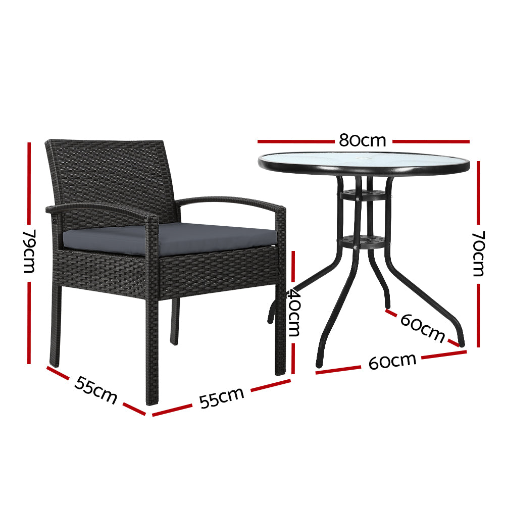 Felix 3PC Outdoor Bistro Set Rattan Table Chairs Black