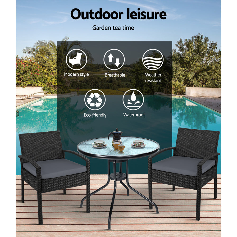 Felix 3PC Outdoor Bistro Set Rattan Table Chairs Black