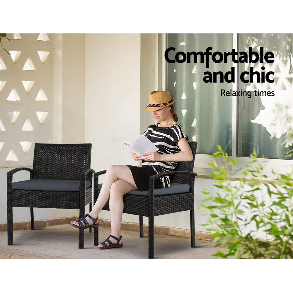 Felix 3PC Outdoor Bistro Set Rattan Table Chairs Black