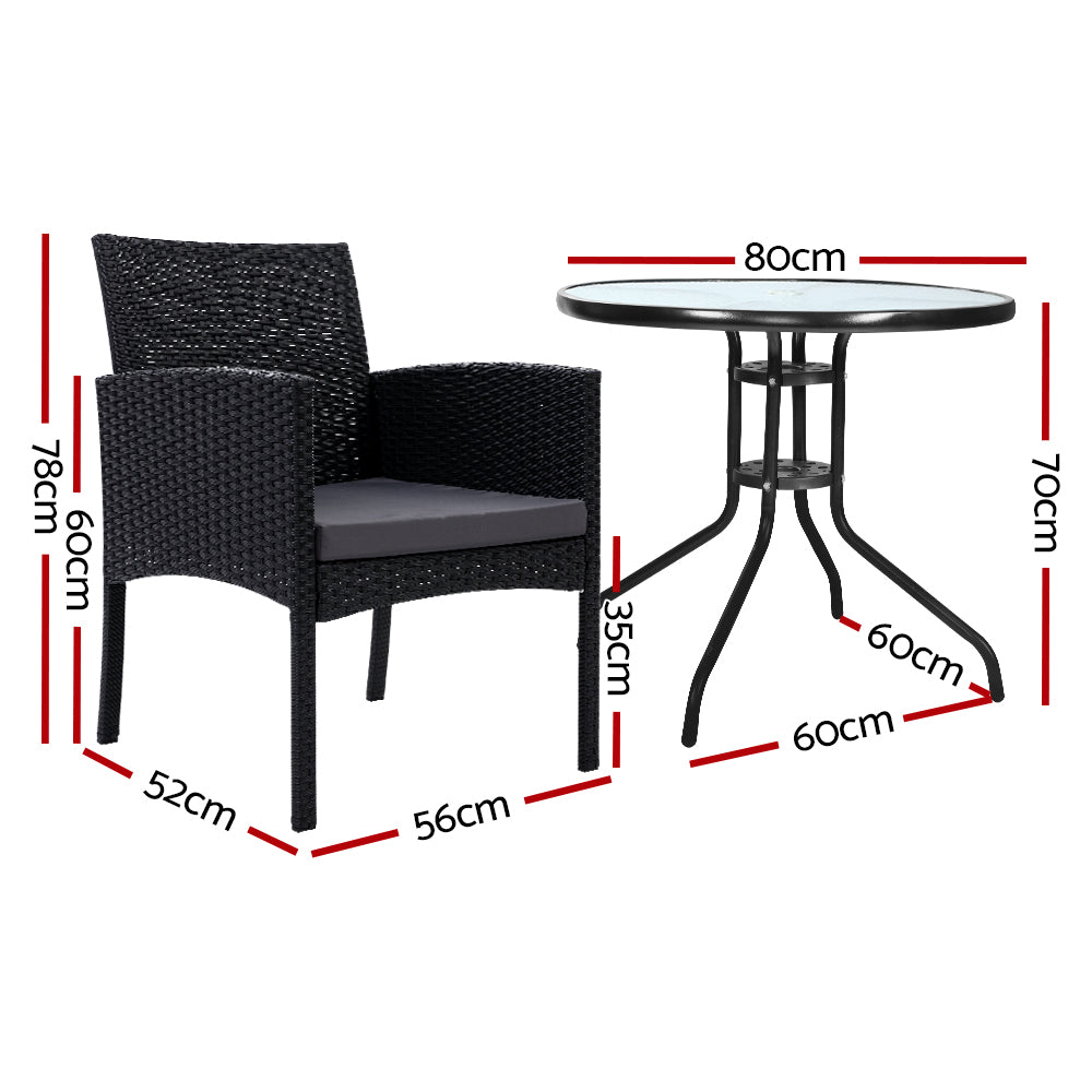 Ezra 3PC Outdoor Bistro Set Rattan Table Chairs Black