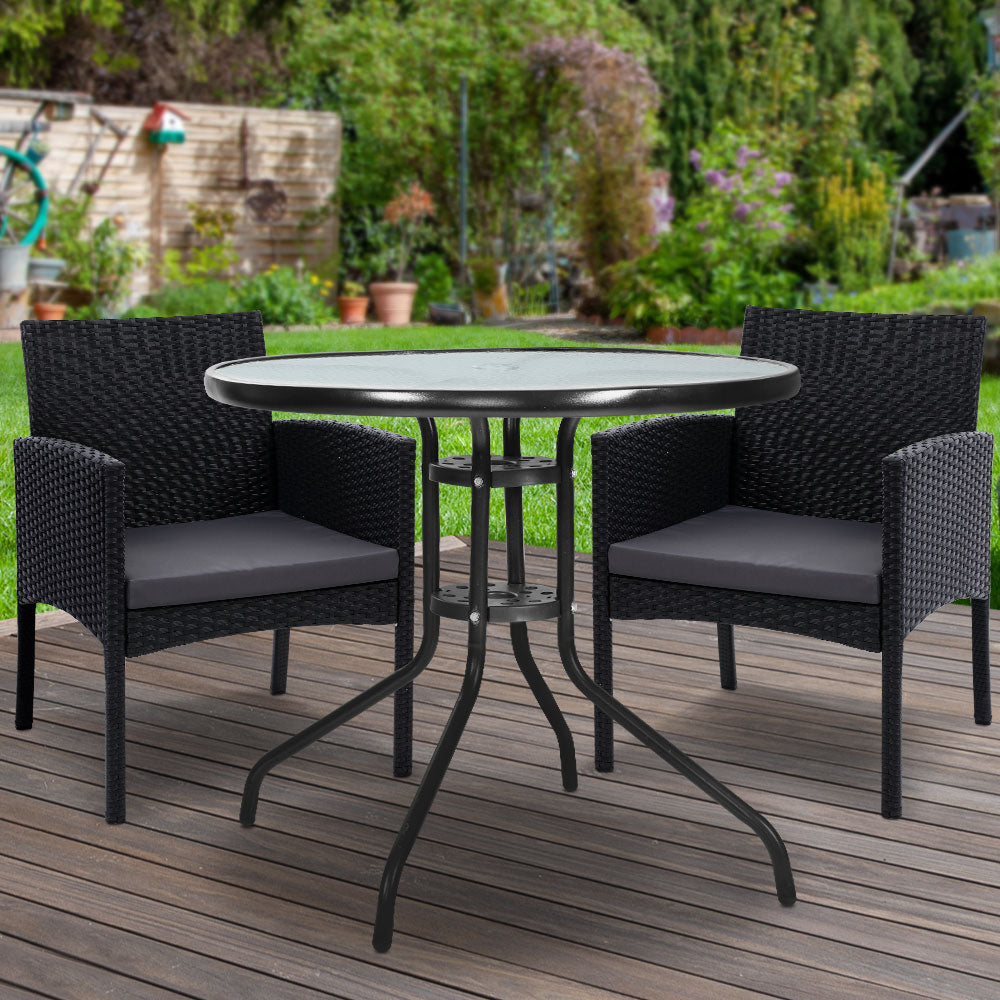 Ezra 3PC Outdoor Bistro Set Rattan Table Chairs Black