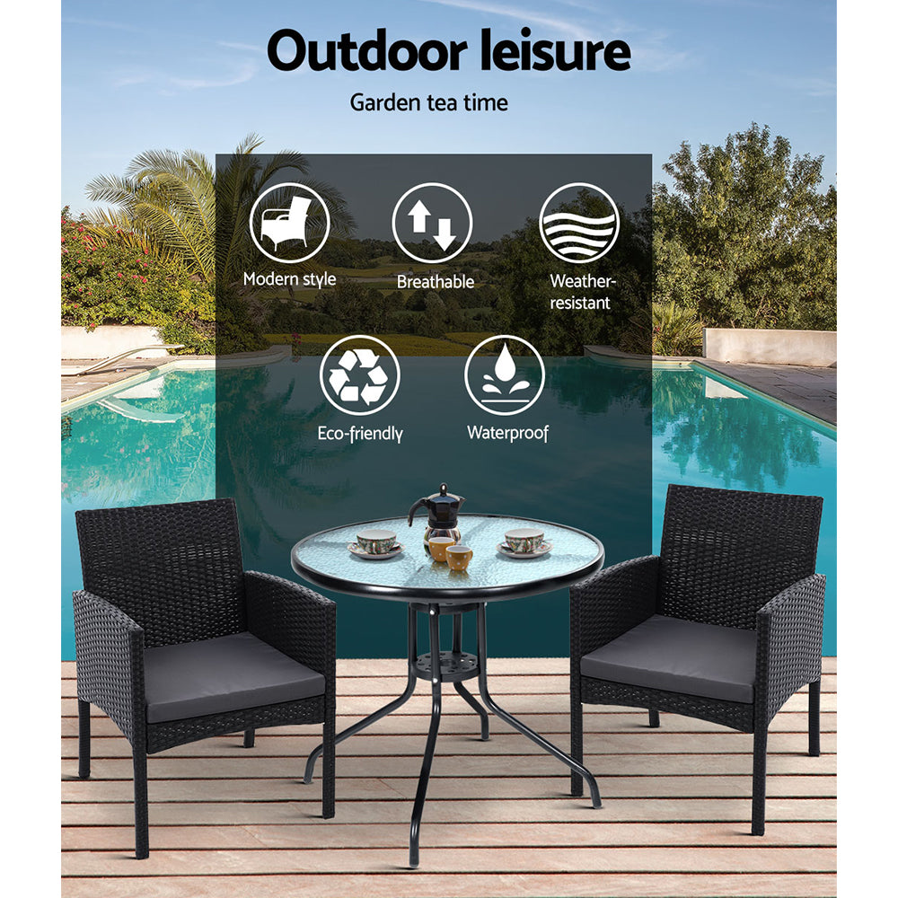 Ezra 3 Piece Outdoor Bistro Set with Glass Table and Wicker Chairs