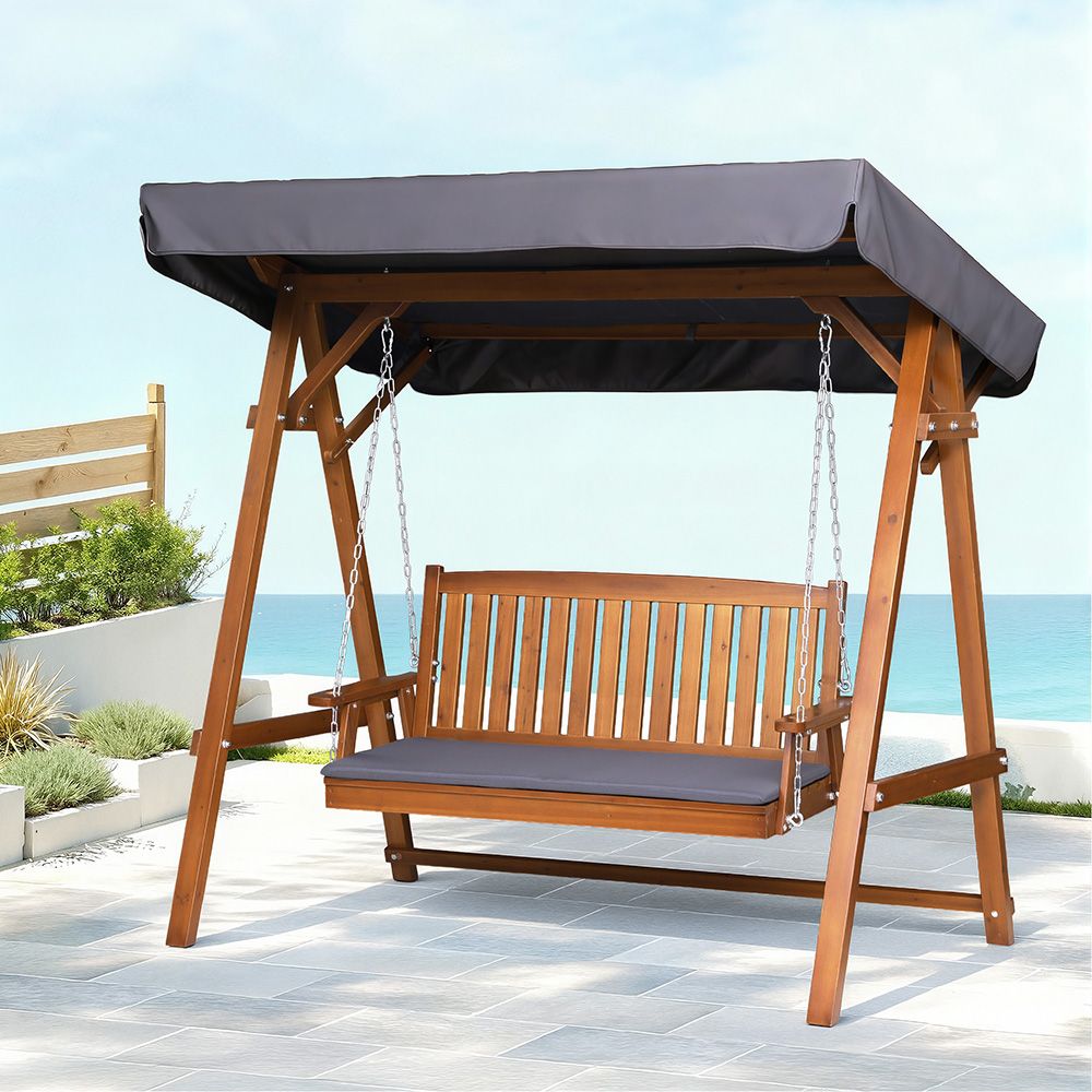 Gardeon Wooden Outdoor Swing Chair 3 Seater Canopy Teak