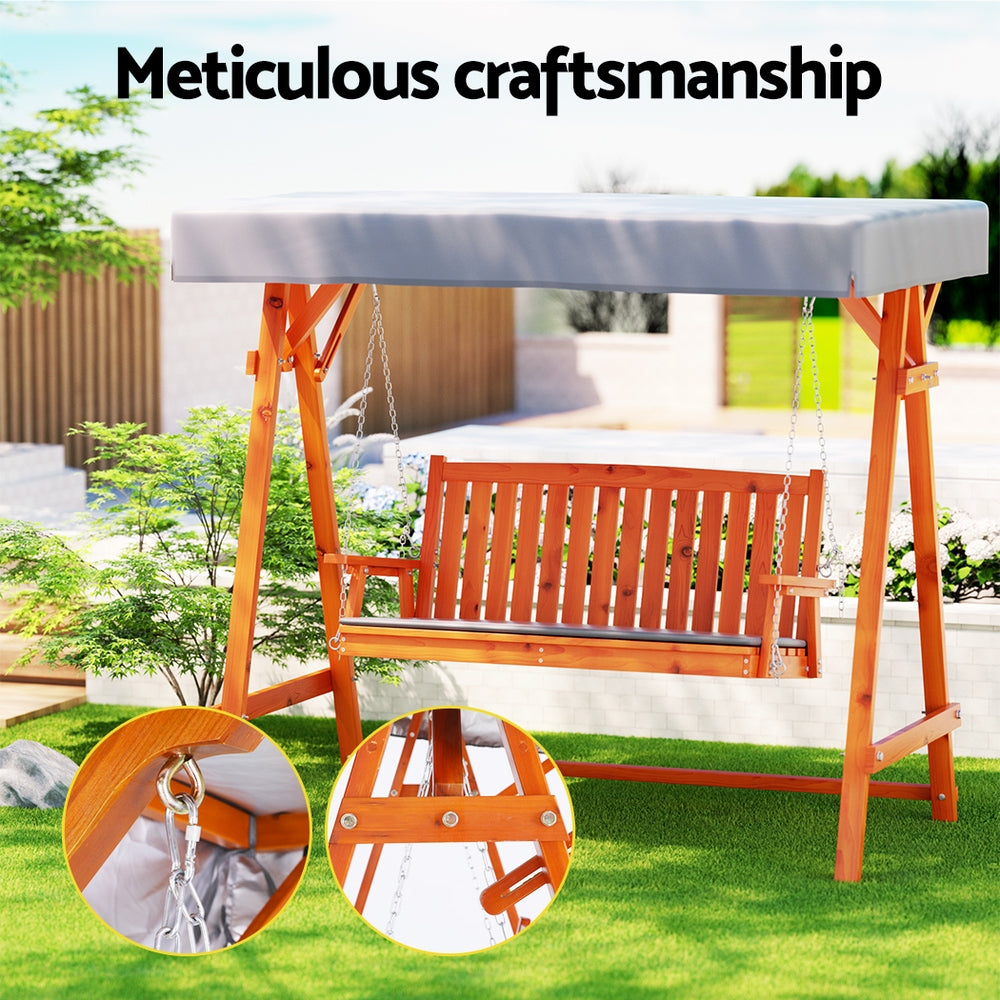 Gardeon 3-Seater Wooden Swing Chair Teak Canopy Cushion