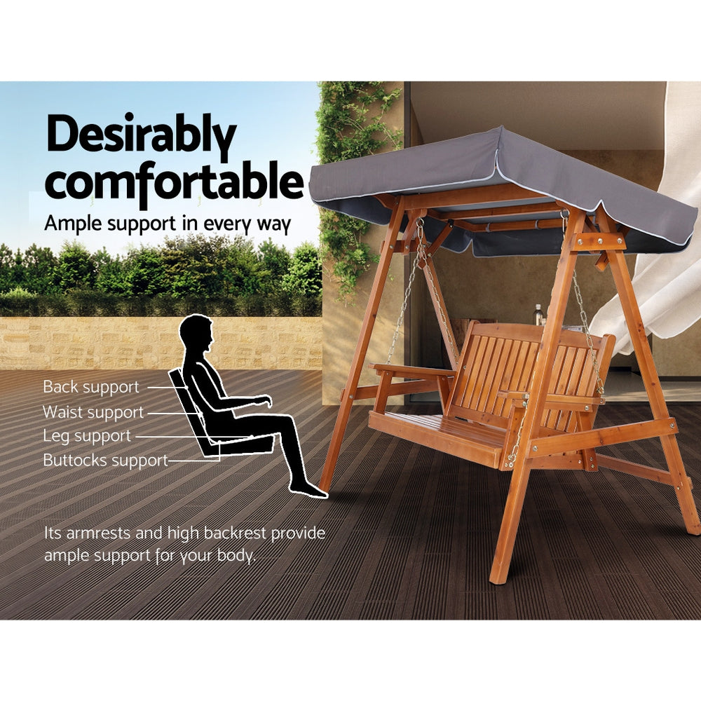 Gardeon 3-Seater Wooden Swing Chair Teak Canopy Cushion