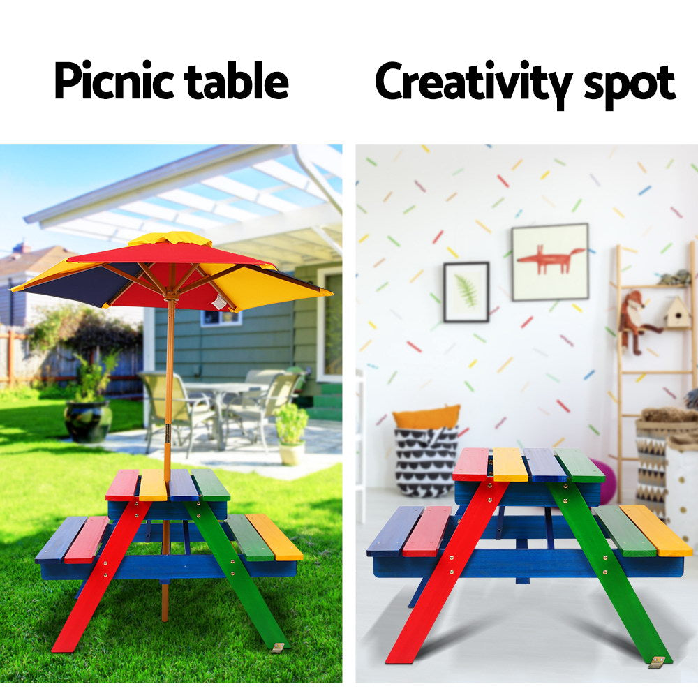 Keezi Kids Wooden Picnic Table Set with Umbrella Multicoloured