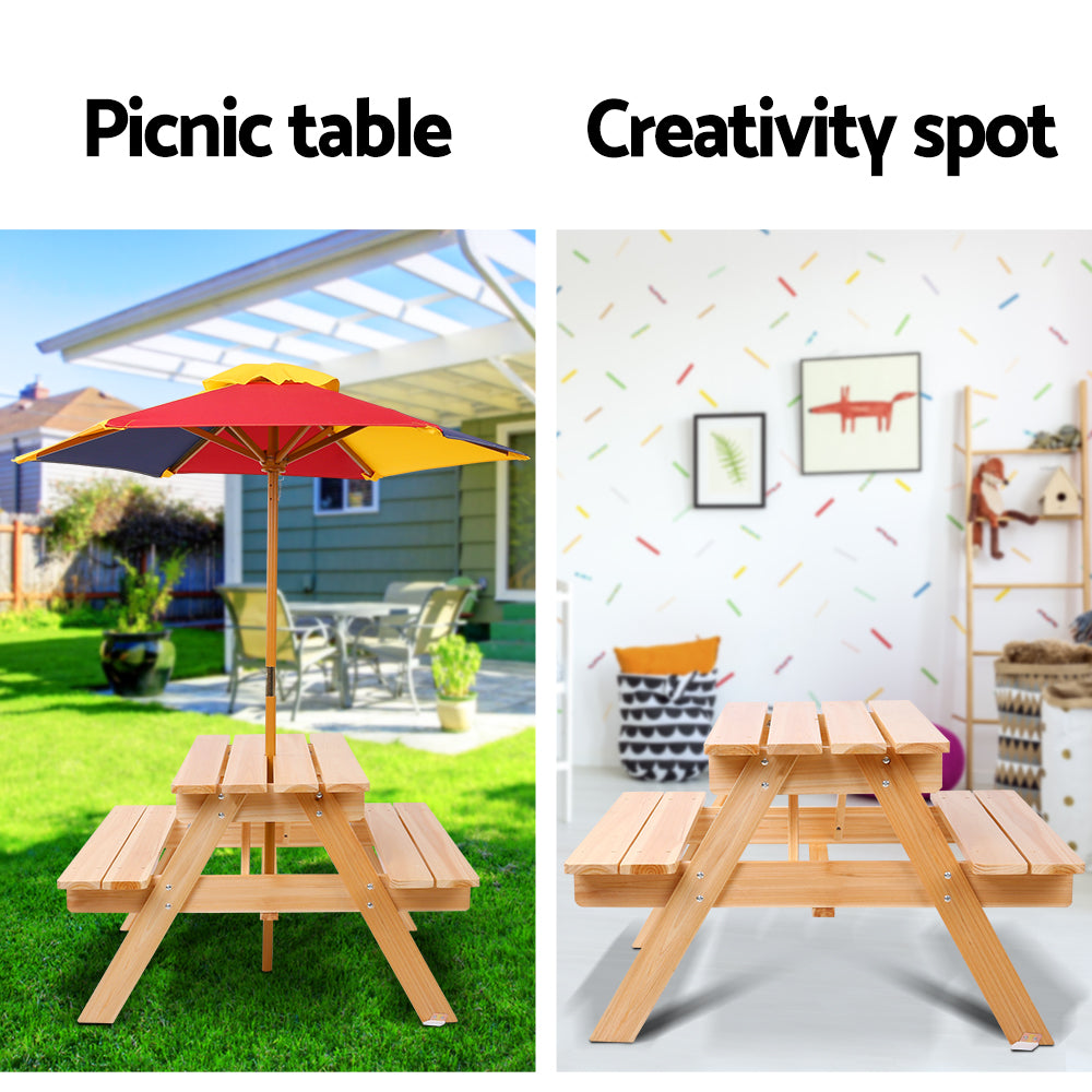 Keezi Kids Wooden Picnic Table Set with Umbrella Natural Wood