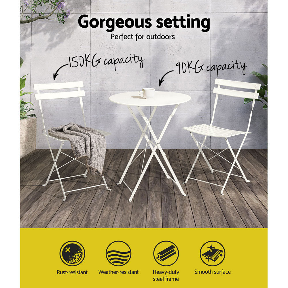 Gardeon 3PC Outdoor Bistro Set Steel Table Chairs White