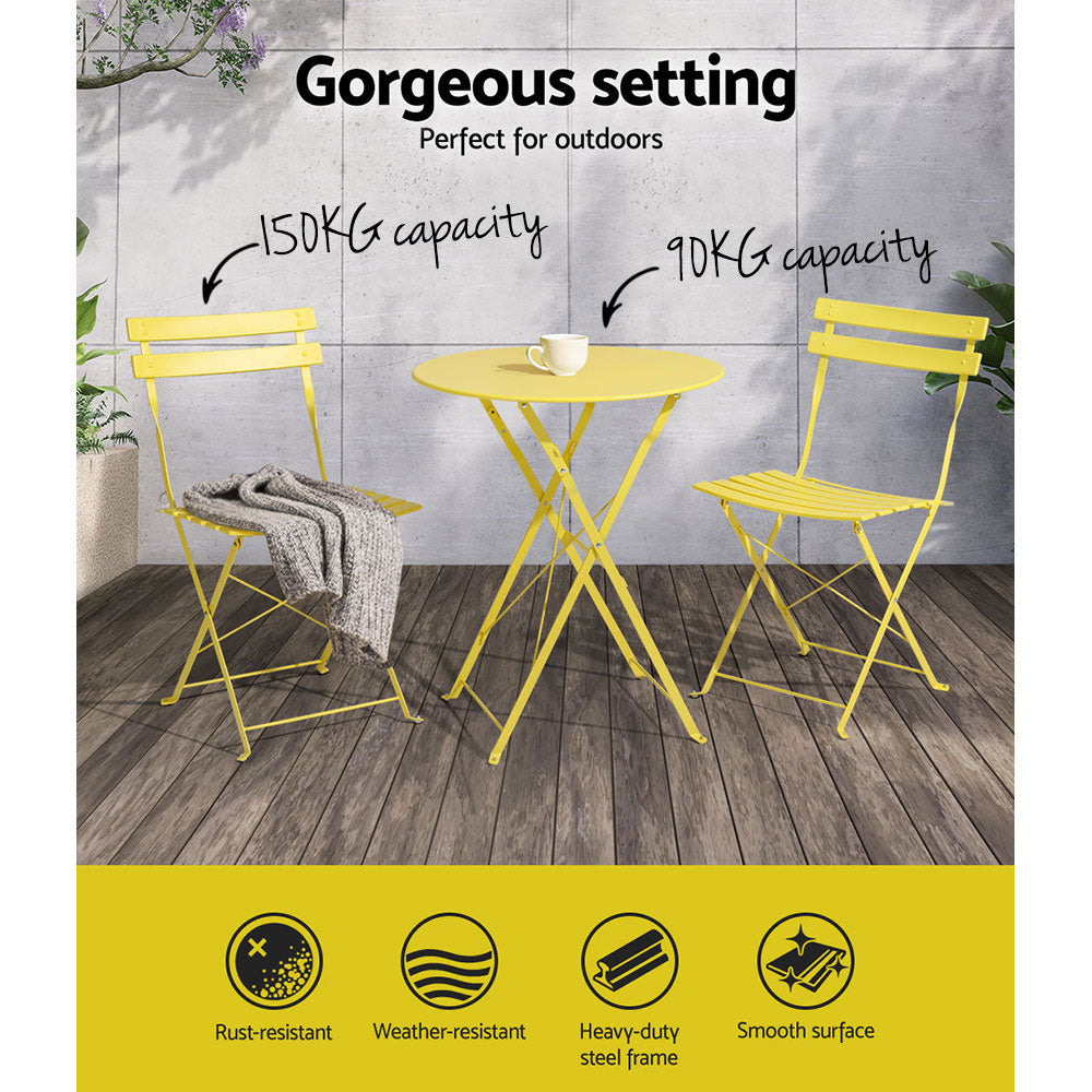Gardeon 3PC Outdoor Bistro Set Steel Table Chairs Yellow