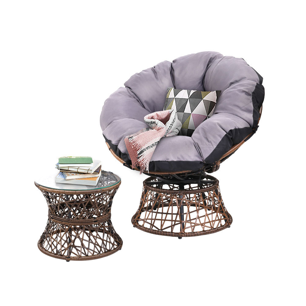 Gardeon Papasan Chair and Wicker Table Set Brown Outdoor Lounge