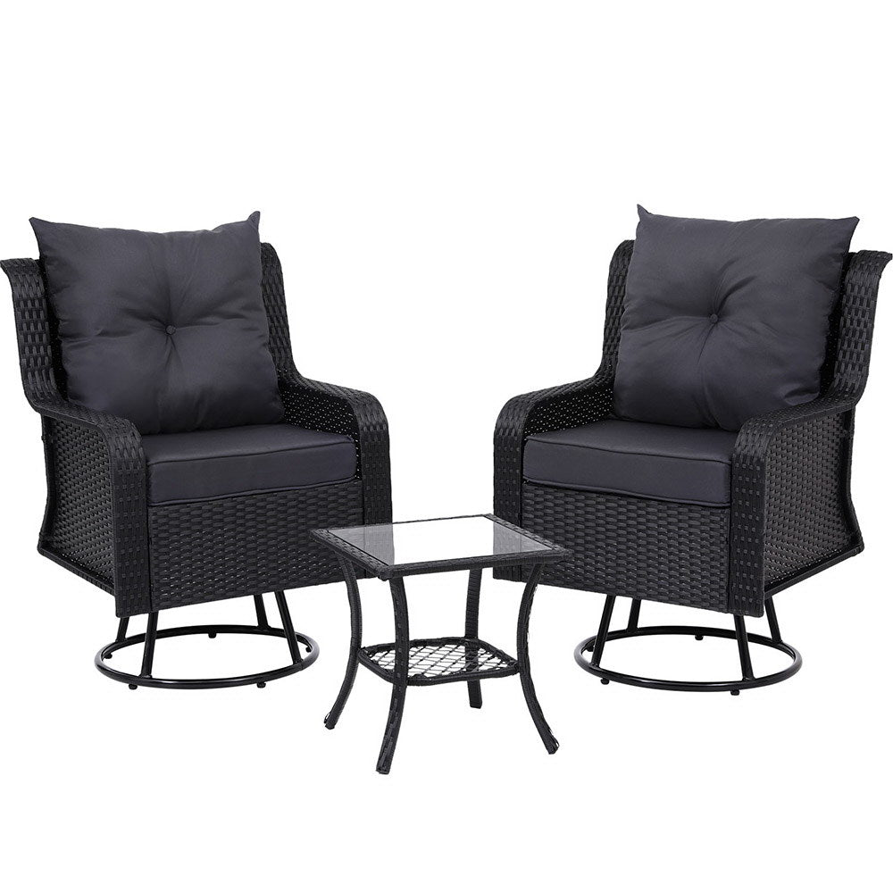 Gardeon 3PC Outdoor Bistro Set Wicker Swivel Chairs Table Black