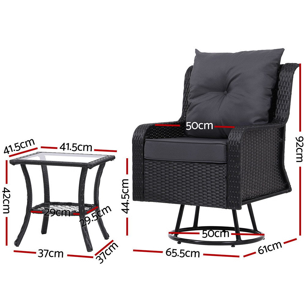 Gardeon 3PC Outdoor Bistro Set Wicker Swivel Chairs Table Black