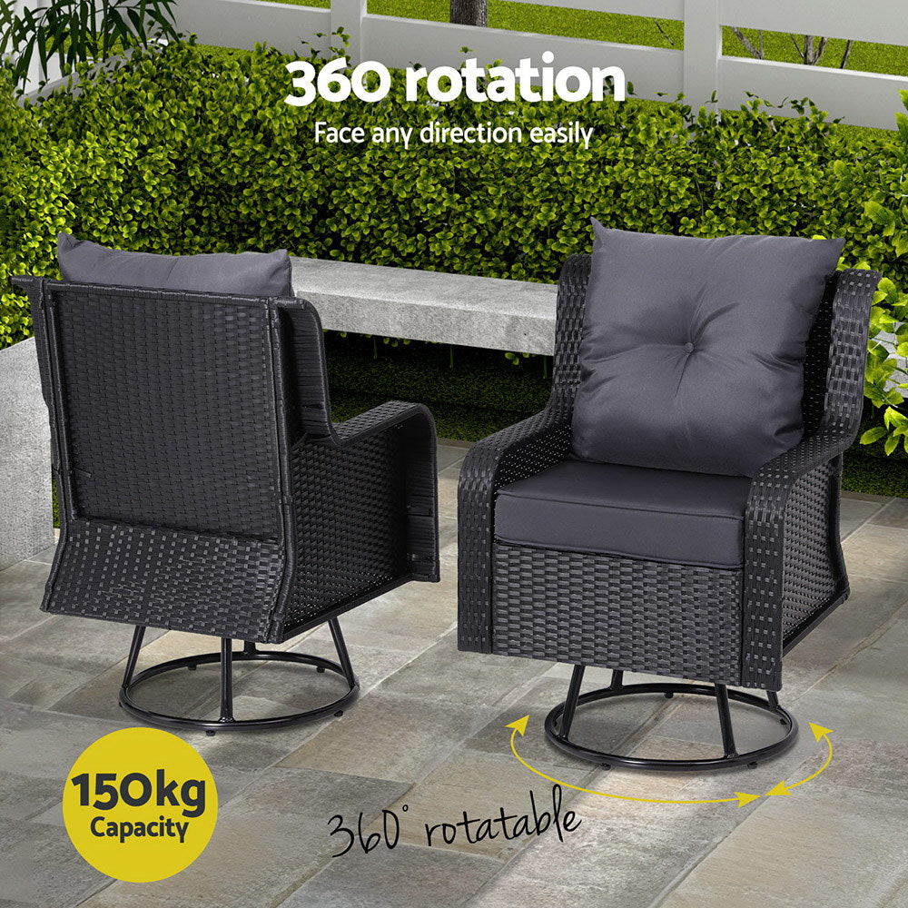 Gardeon 3PC Outdoor Bistro Set Wicker Swivel Chairs Table Black