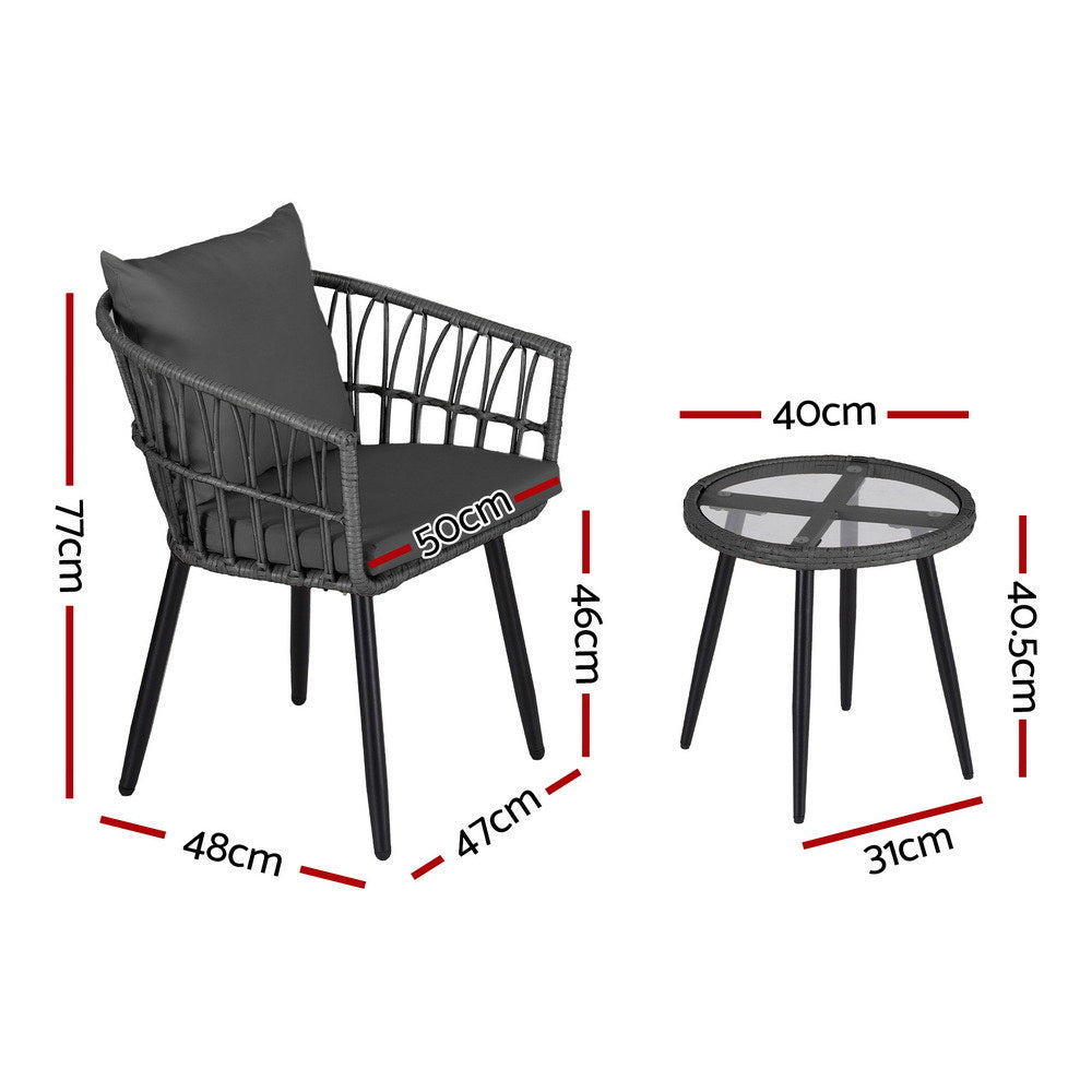Gardeon 3PC Outdoor Bistro Set Grey Wicker Chairs and Table