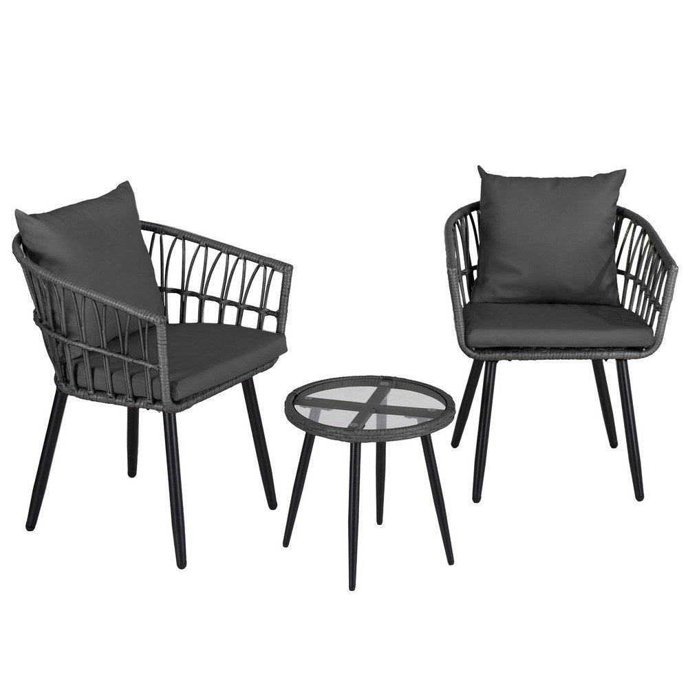 Gardeon 3PC Outdoor Bistro Set Grey Wicker Chairs and Table