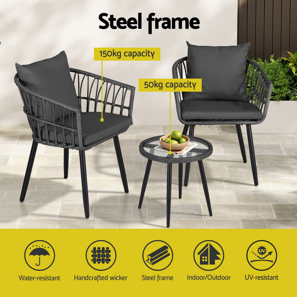 Gardeon 3PC Outdoor Bistro Set Grey Wicker Chairs and Table