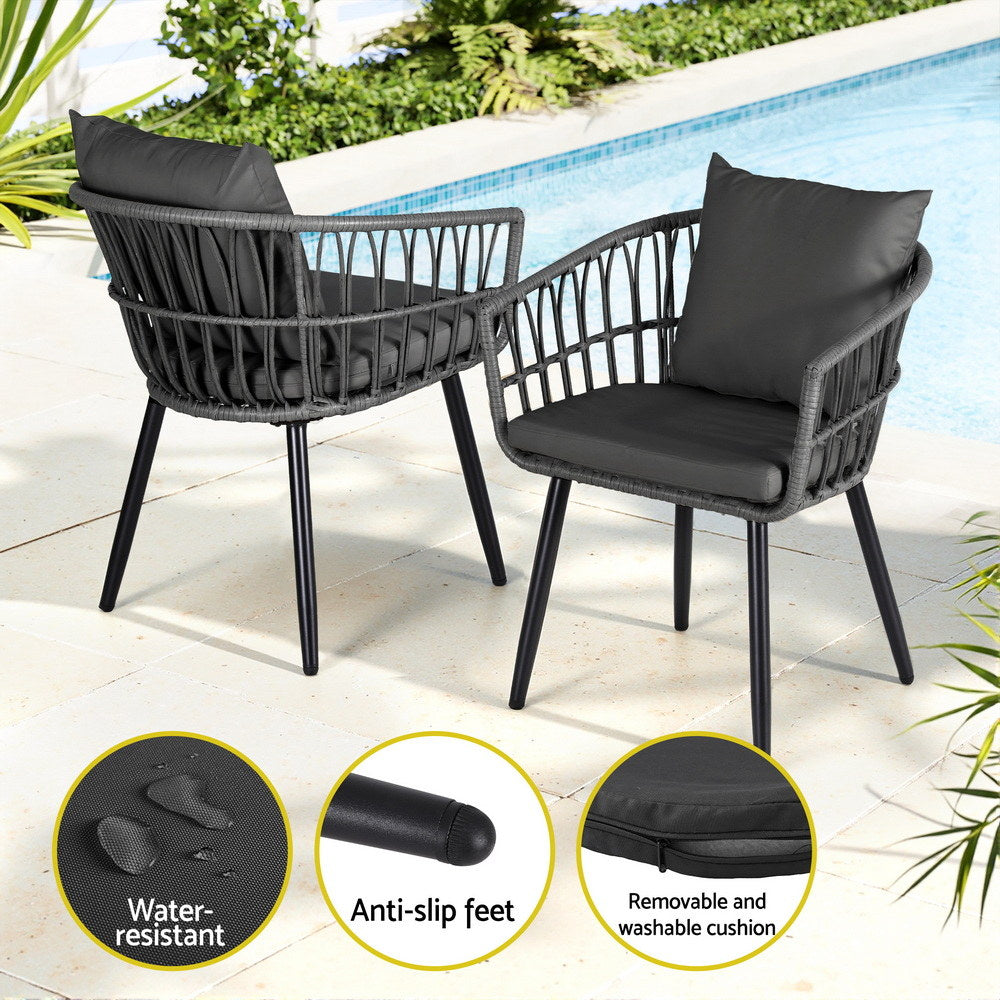 Gardeon 3PC Outdoor Bistro Set Grey Wicker Chairs and Table