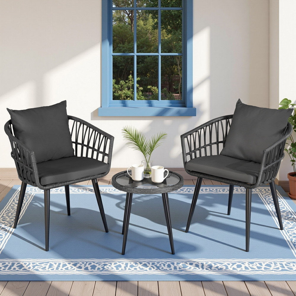 Gardeon 3PC Outdoor Bistro Set Grey Wicker Chairs and Table