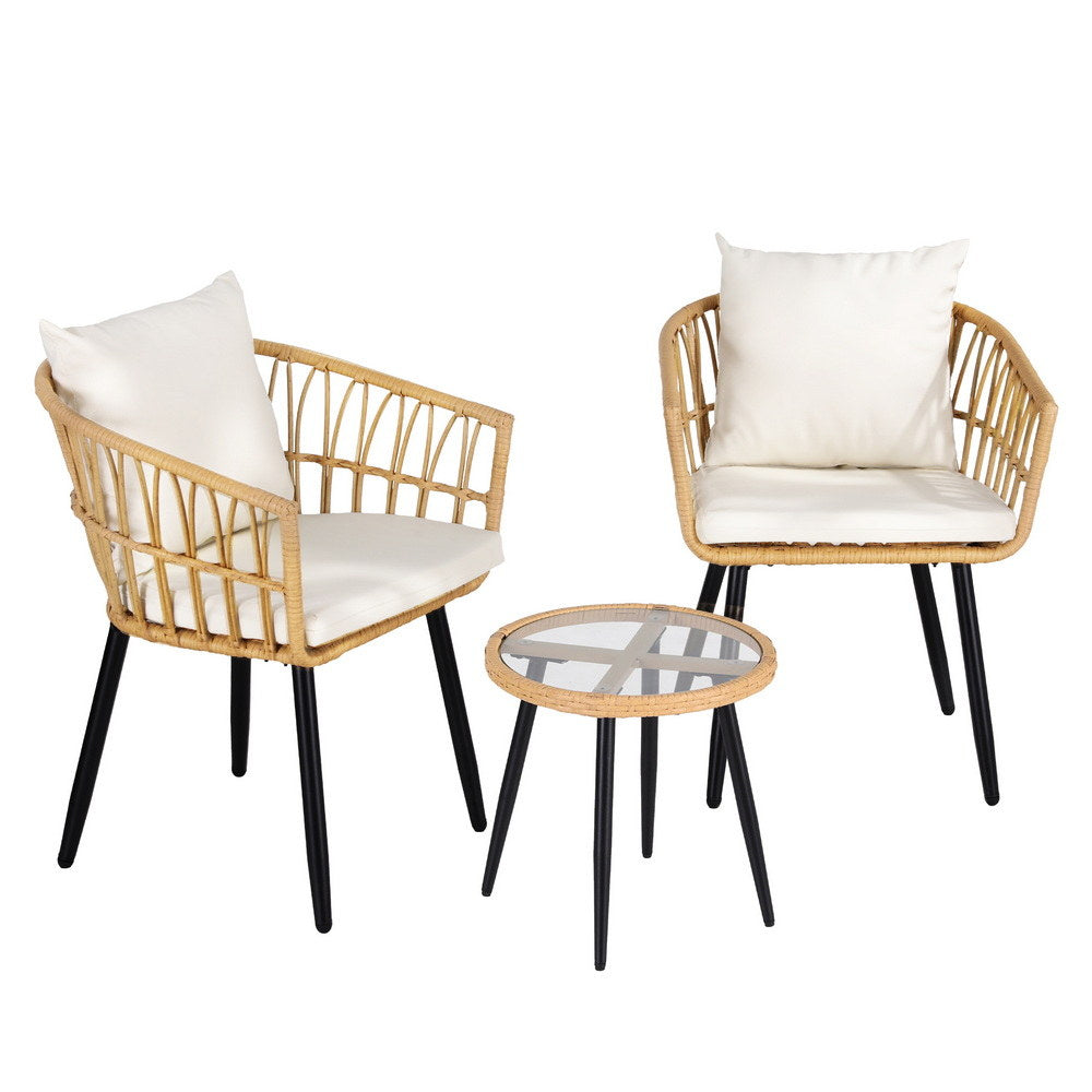 Gardeon 3PC Outdoor Bistro Set Natural Wicker Lounge Setting
