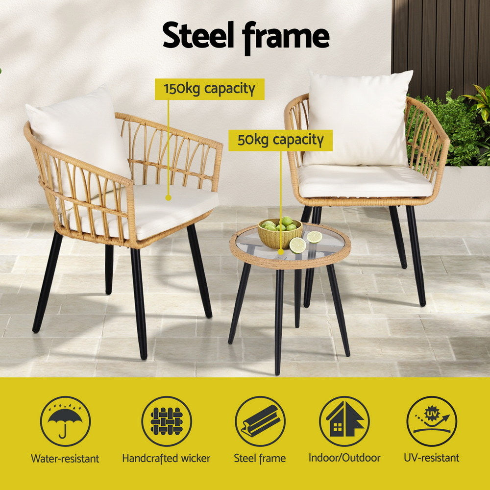 Gardeon 3PC Outdoor Bistro Set Natural Wicker Lounge Setting