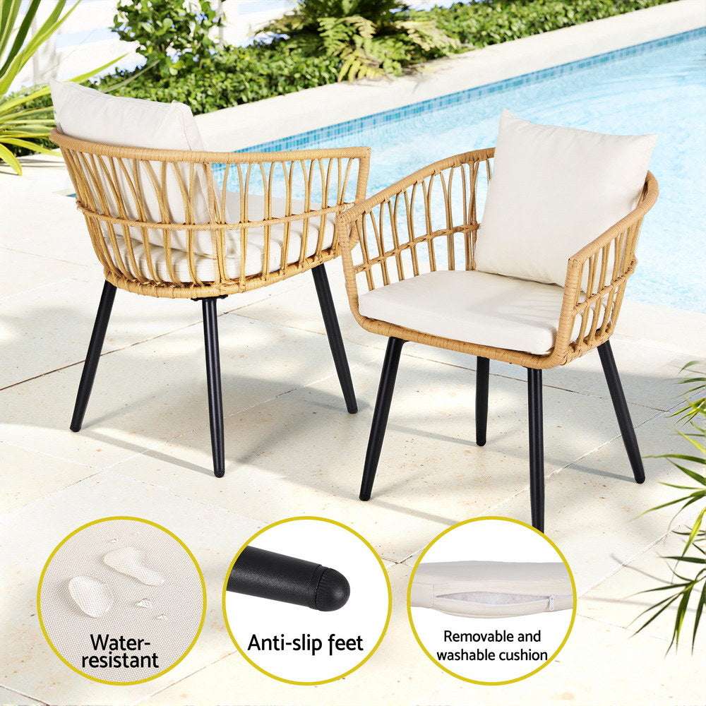 Gardeon 3PC Outdoor Bistro Set Natural Wicker Lounge Setting