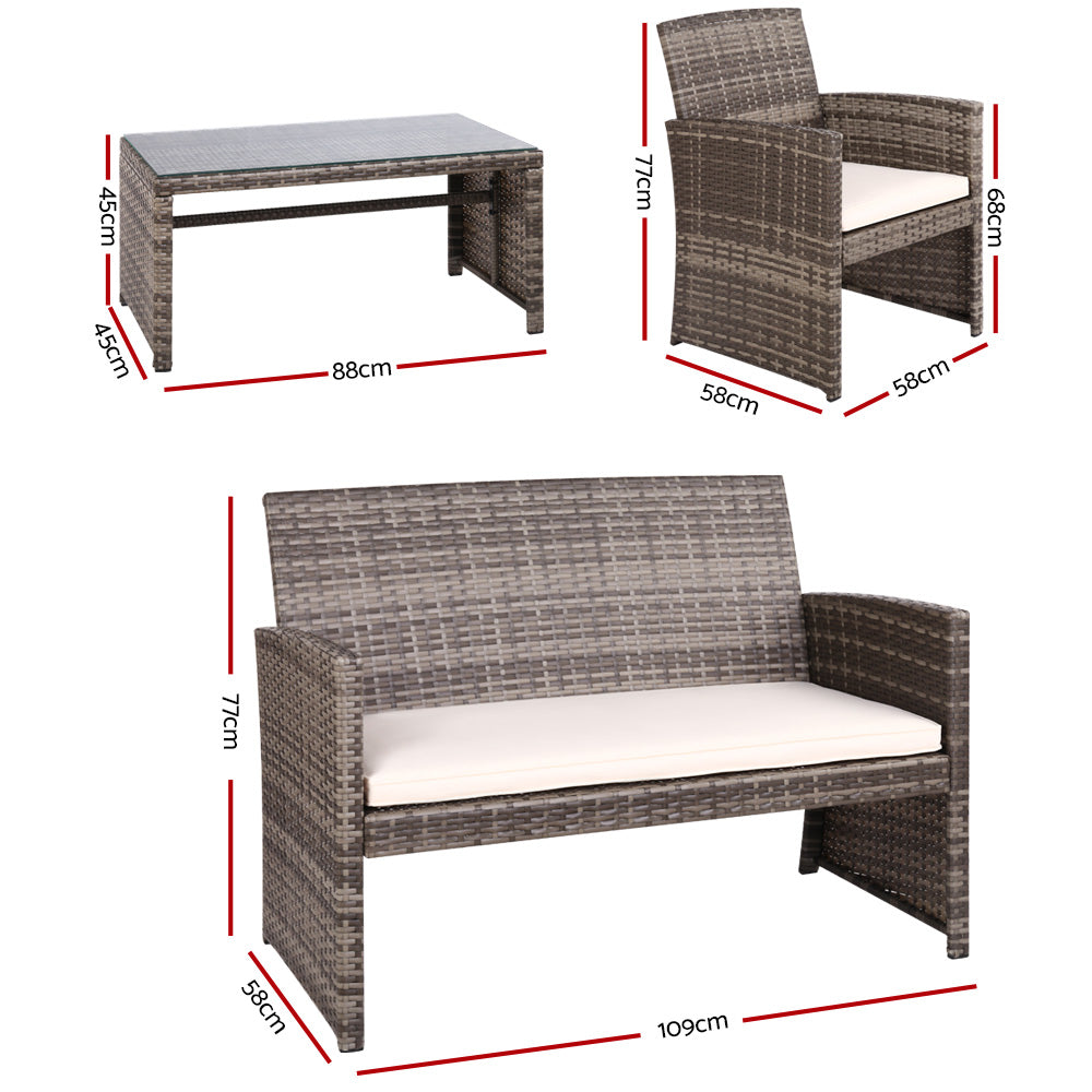 Gardeon 4-Piece Outdoor Sofa Set Rattan Chairs Table Grey