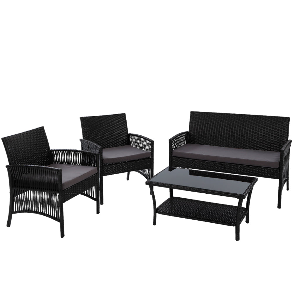 Gardeon 4-Piece Outdoor Sofa Set Wicker Harp Chair Table Black