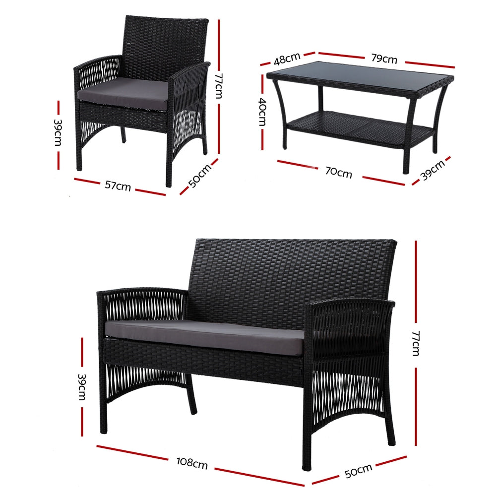 Gardeon 4-Piece Outdoor Sofa Set Wicker Harp Chair Table Black