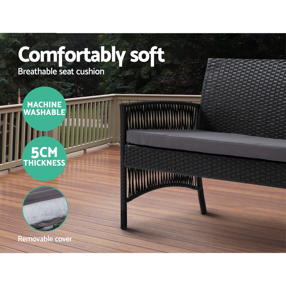 Gardeon 4-Piece Outdoor Sofa Set Wicker Harp Chair Table Black