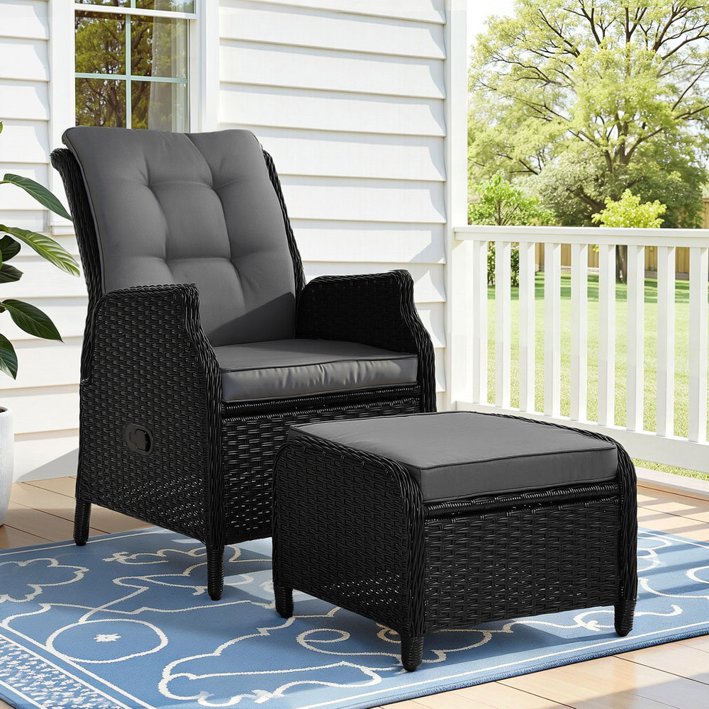 Gardeon Wicker Recliner Chair and Ottoman Set Outdoor Black