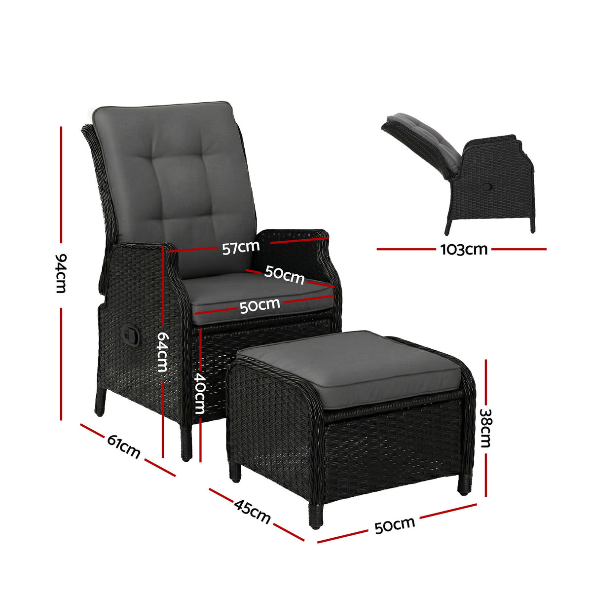 Gardeon Wicker Recliner Chair and Ottoman Set Outdoor Black