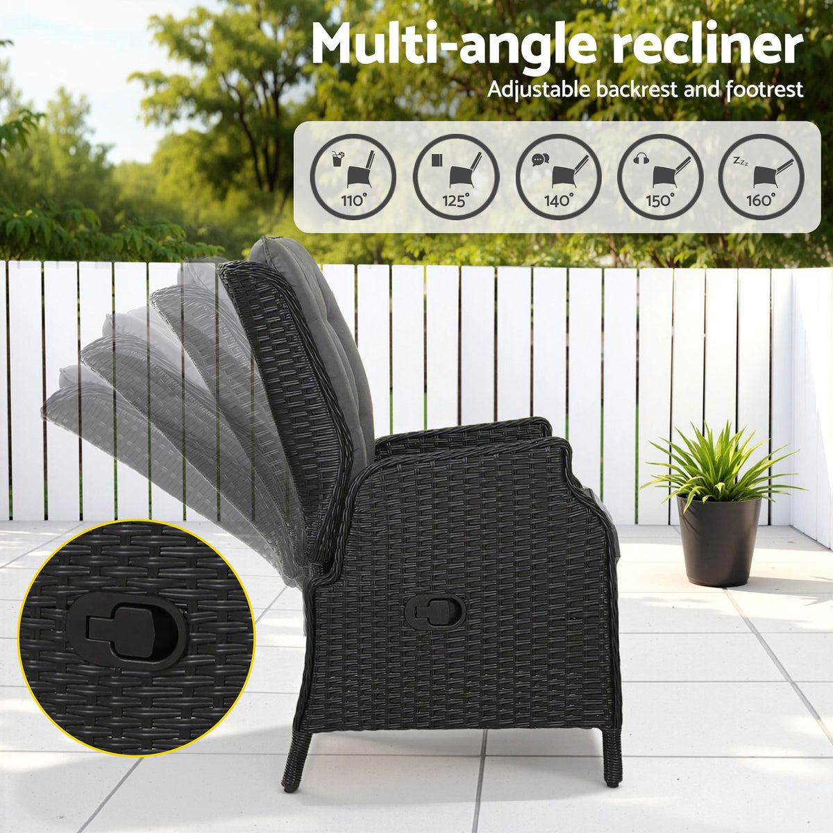 Gardeon Wicker Recliner Chair and Ottoman Set Outdoor Black