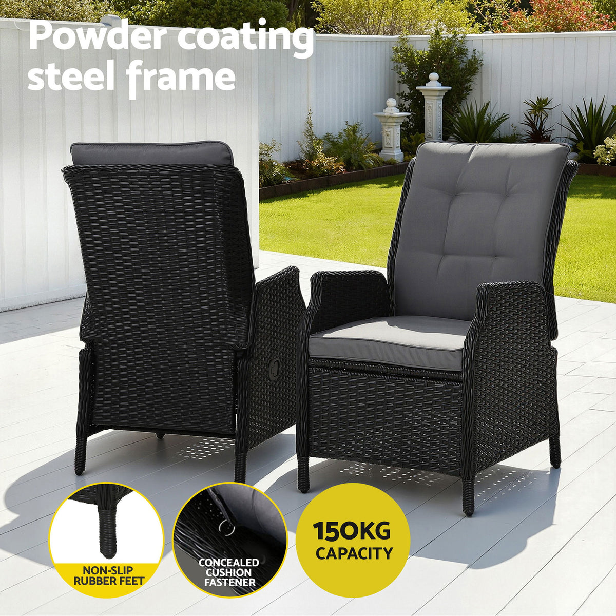 Gardeon Wicker Recliner Chair and Ottoman Set Outdoor Black