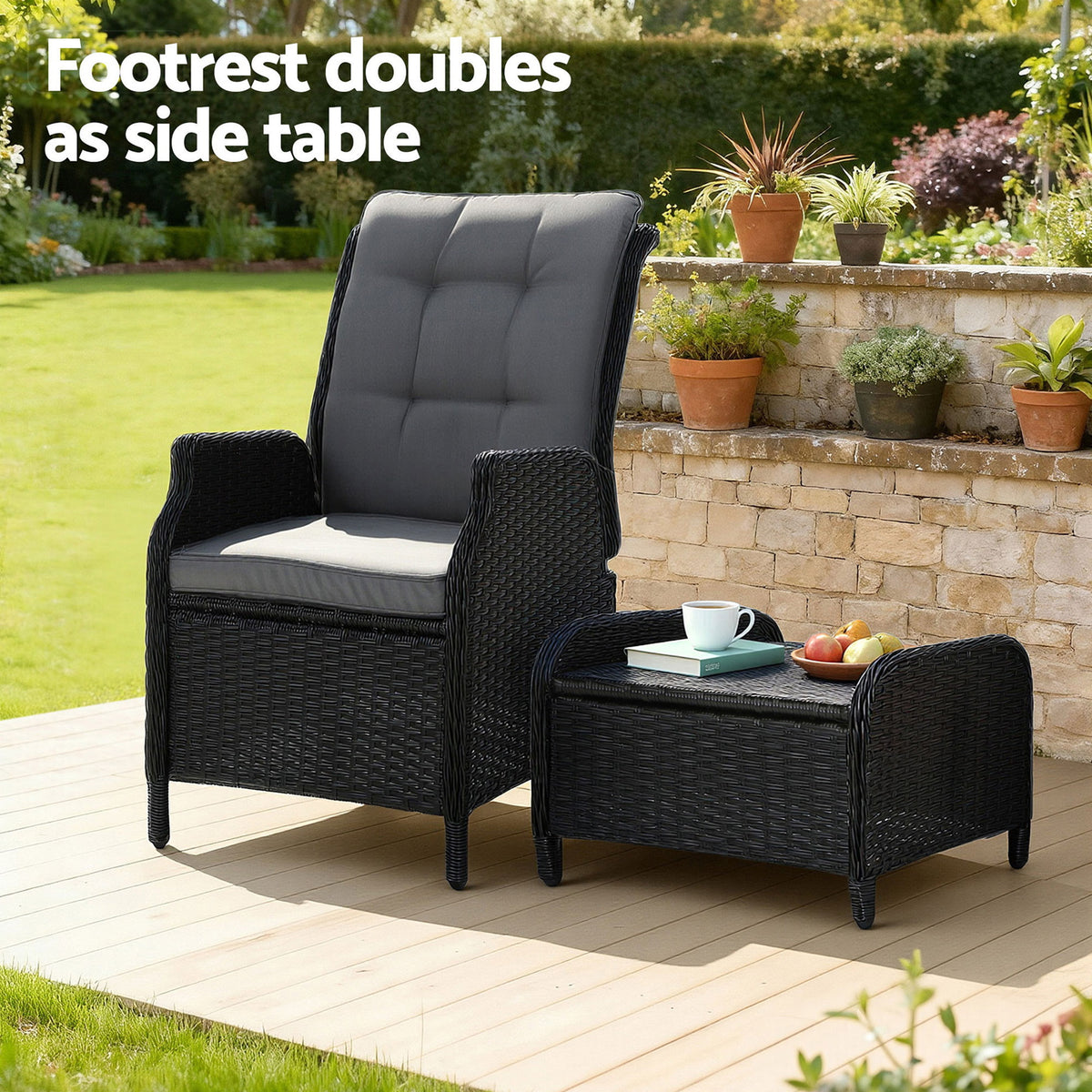 Gardeon Wicker Recliner Chair and Ottoman Set Outdoor Black