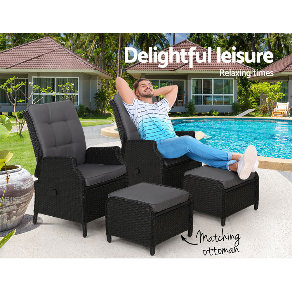 Gardeon 2PC Outdoor Recliner Chair Set Wicker Adjustable Black