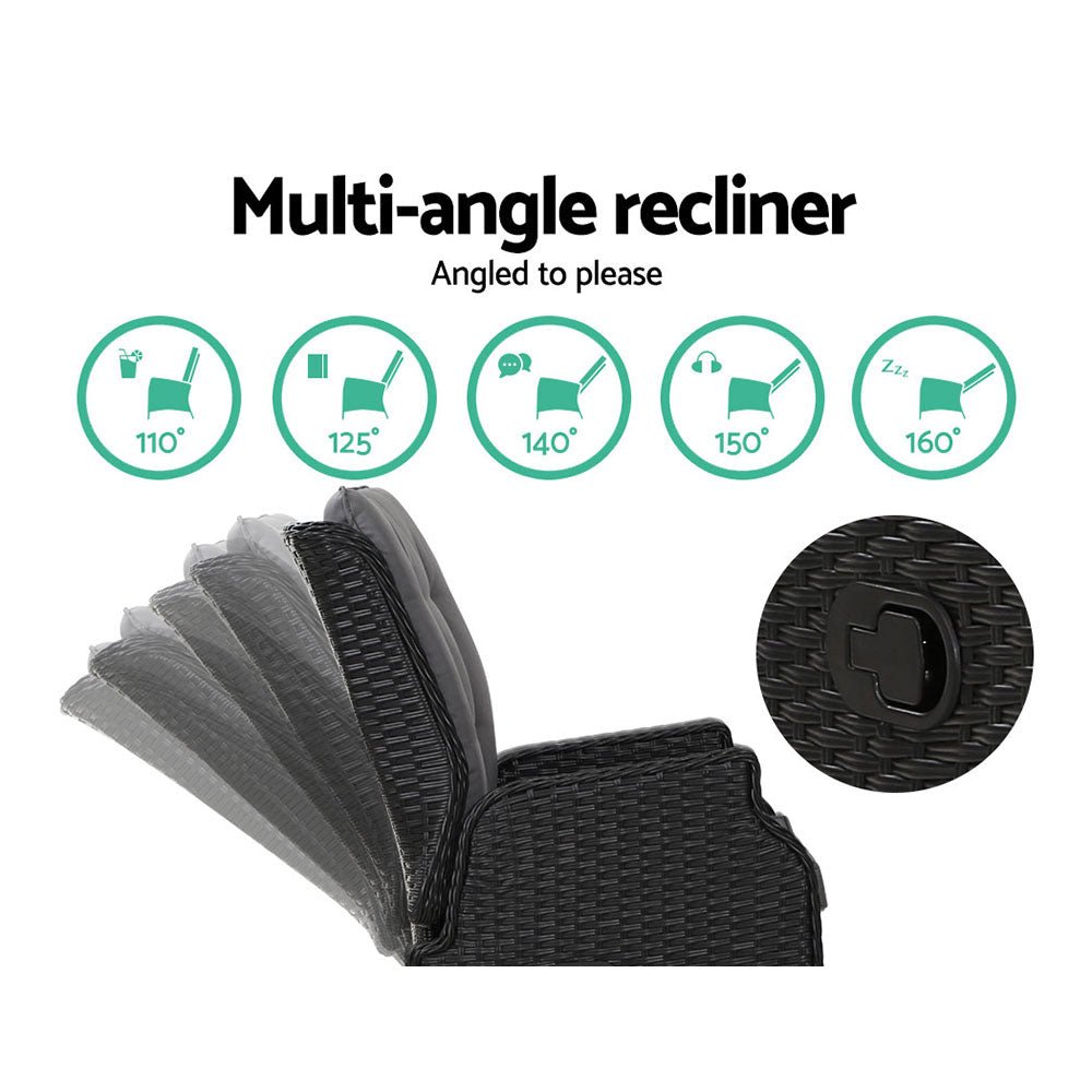Gardeon 2PC Outdoor Recliner Chair Set Wicker Adjustable Black