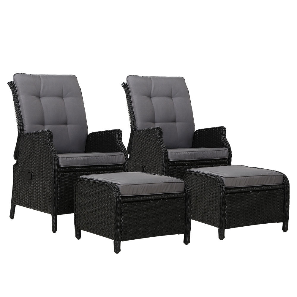 Gardeon 2PC Outdoor Recliner Chair Set Wicker Adjustable Black