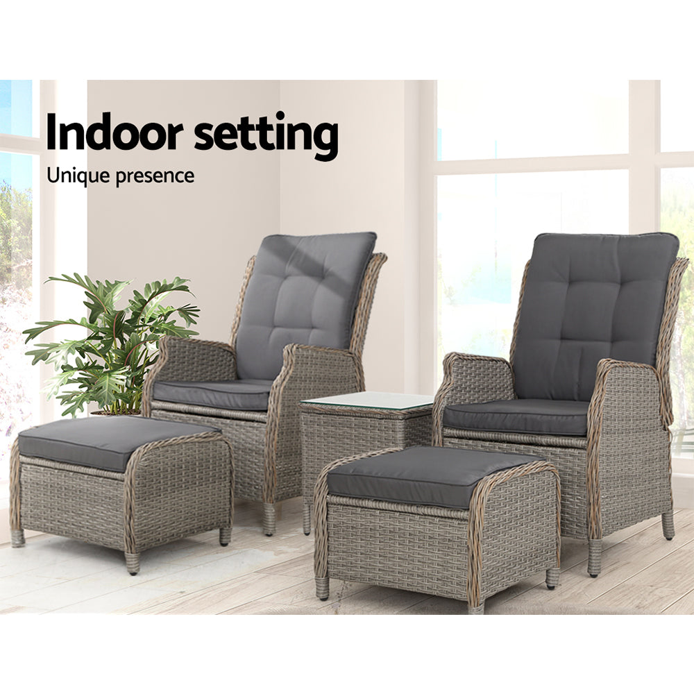 Gardeon 5PC Recliner Chairs Table Sun lounge Wicker Outdoor Furniture Adjustable Grey