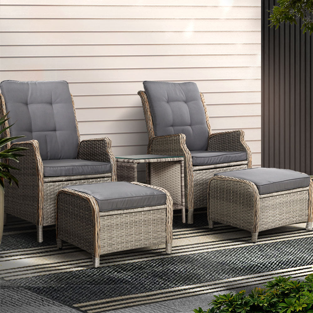 Gardeon 5PC Wicker Recliner Chair Set Outdoor Furniture Grey