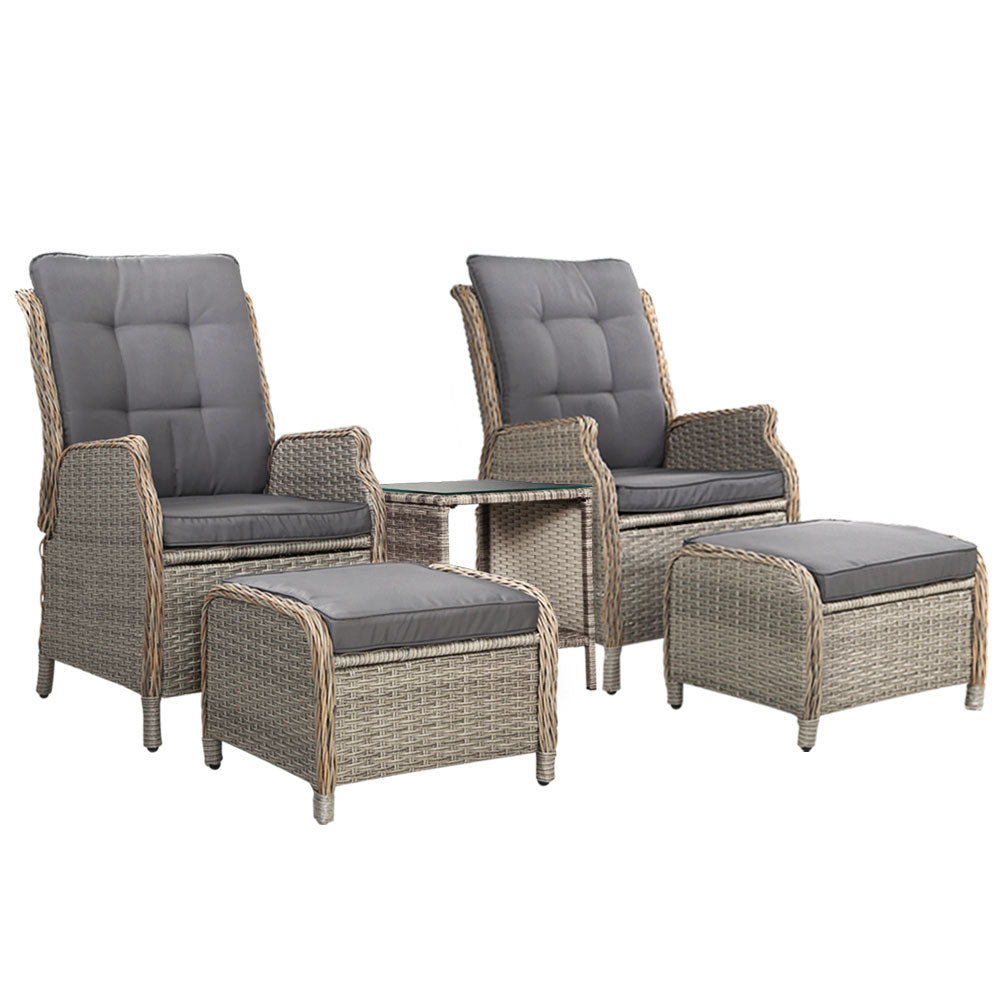 Gardeon 5PC Wicker Recliner Chair Set Outdoor Furniture Grey