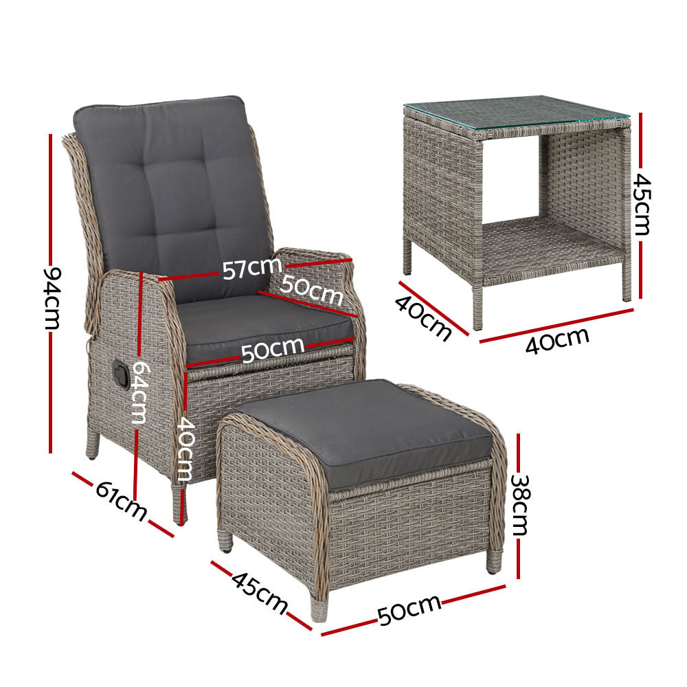 Gardeon 5PC Wicker Recliner Chair Set Outdoor Furniture Grey
