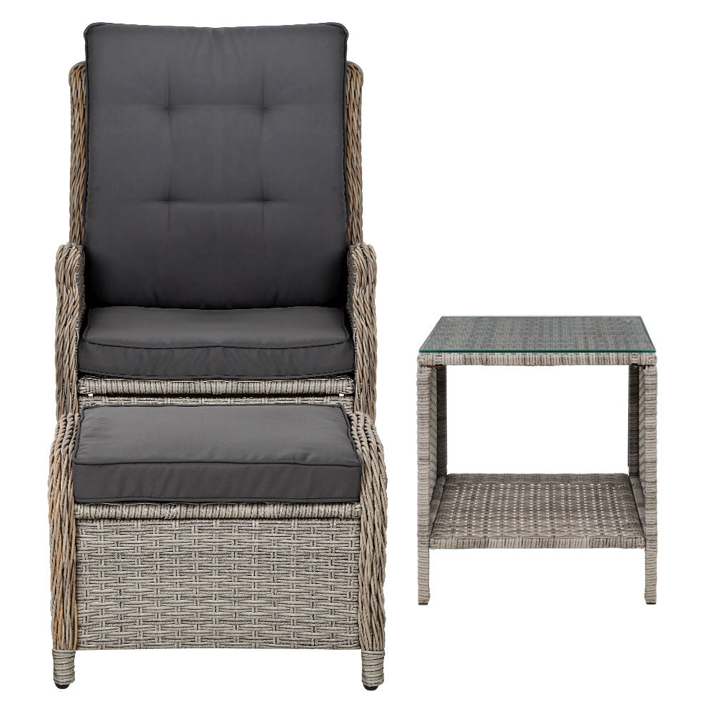 Gardeon 5PC Wicker Recliner Chair Set Outdoor Furniture Grey