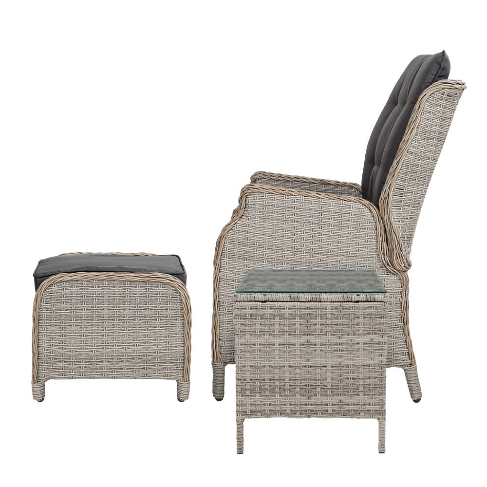 Gardeon 5PC Wicker Recliner Chair Set Outdoor Furniture Grey
