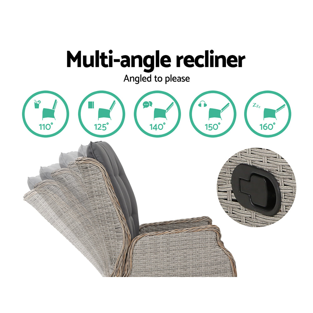 Gardeon 5PC Wicker Recliner Chair Set Outdoor Furniture Grey