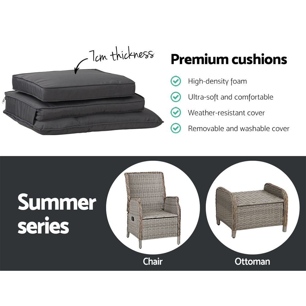Gardeon 5PC Wicker Recliner Chair Set Outdoor Furniture Grey