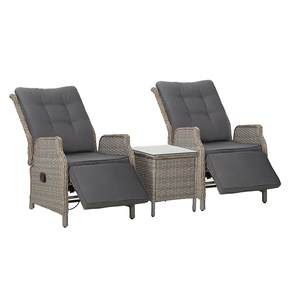 Gardeon 3PC Recliner Chairs Table Sun lounge Outdoor Furniture Wicker Adjustable Grey