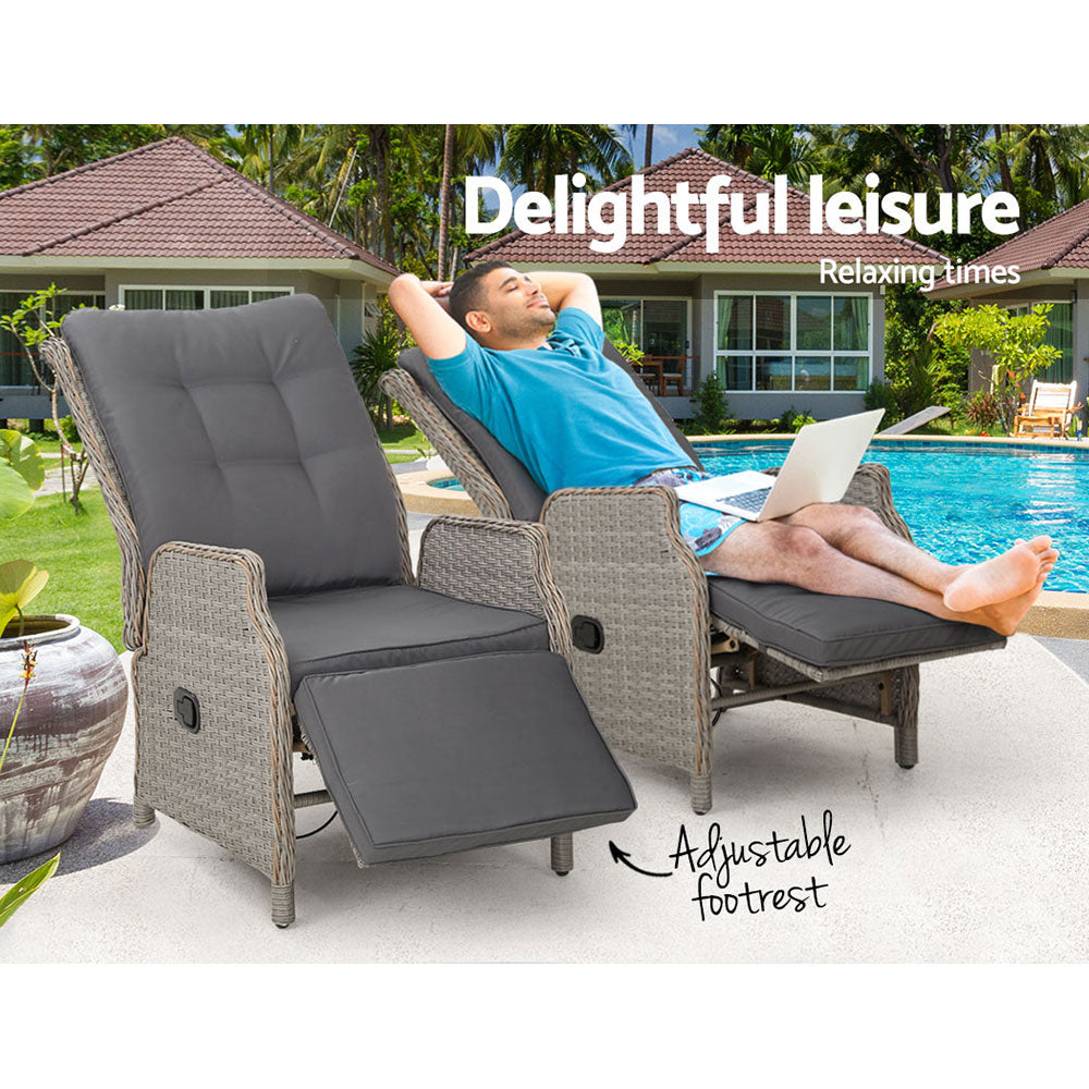 Gardeon 2PC Outdoor Recliner Chairs Wicker Adjustable Grey